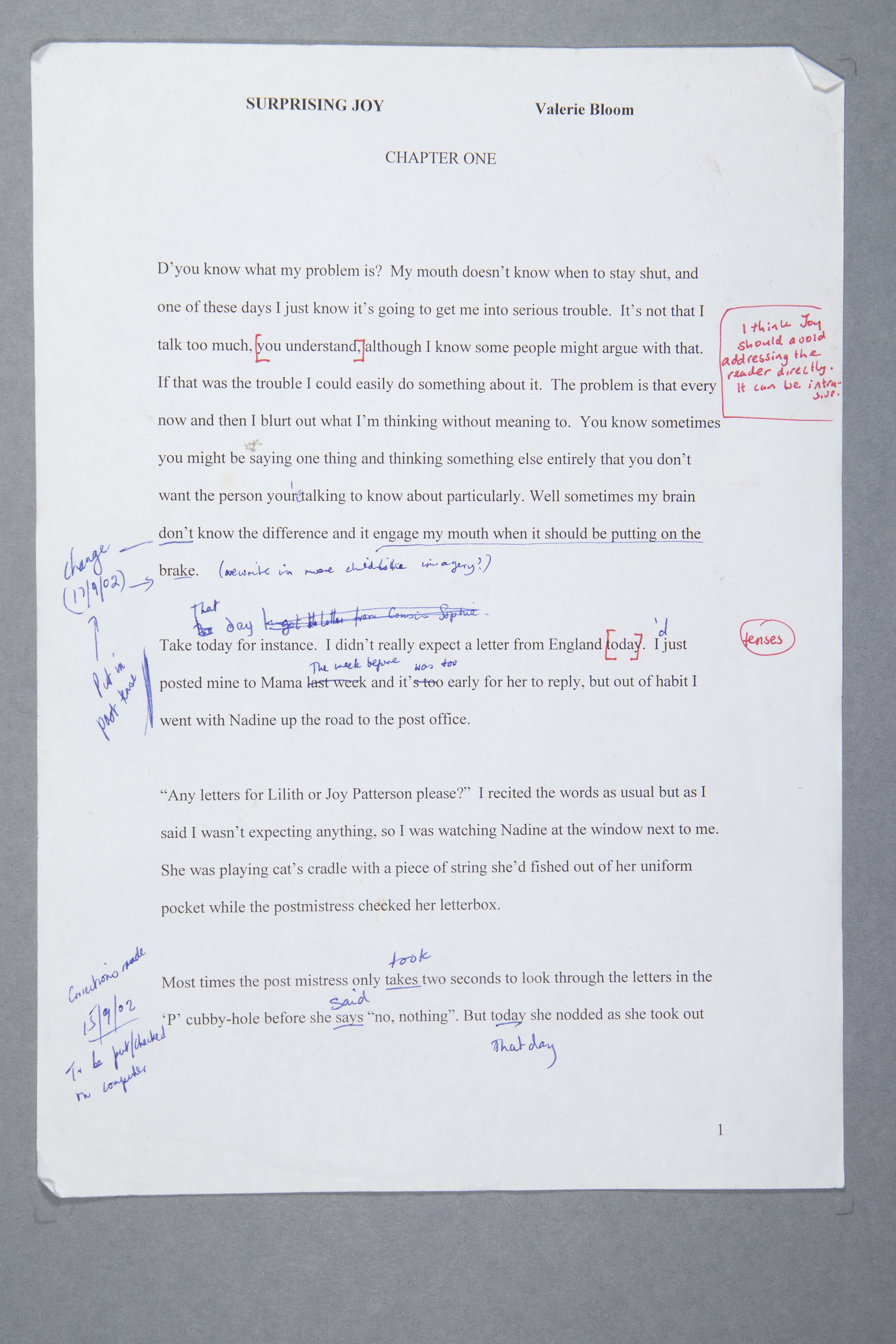 A typed draft for the novel 'Surprising Joy', including manuscript corrections, additions and deletions in blue and red ink.